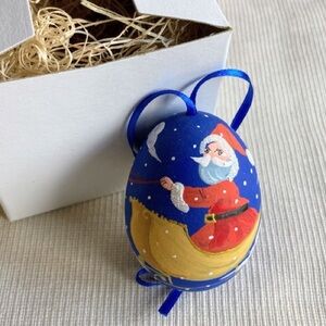 Vintage Hand Painted Egg Ornament with Santa and Reindeer Sleigh with Padded Box